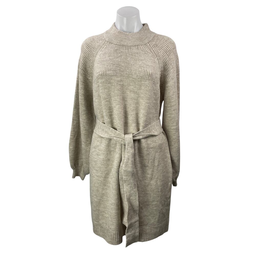 Vici Women's Beige Long Sleeve Tie Waist Knit Mock Neck Mini Sweater Dress S